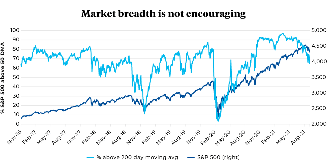 November 2016 to August 2021 Percentage of S&P 500 above 50 DMA