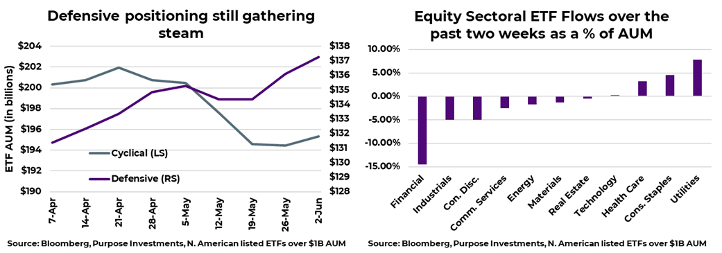 Defensive positioning still gathering steam and Equity Sectoral ETF Flows over the past two weeks as a % of AUM