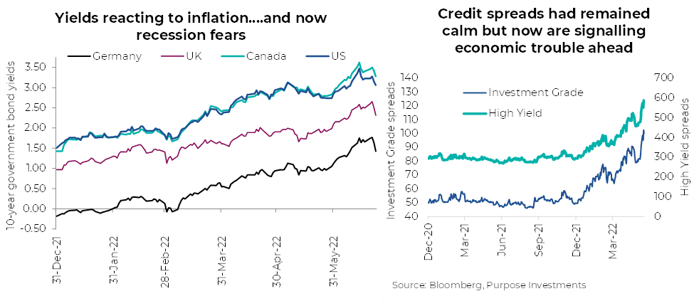 Yields react to inflation and now recession fears, Credit spreads had remained calm but now are signaling economic trouble ahead