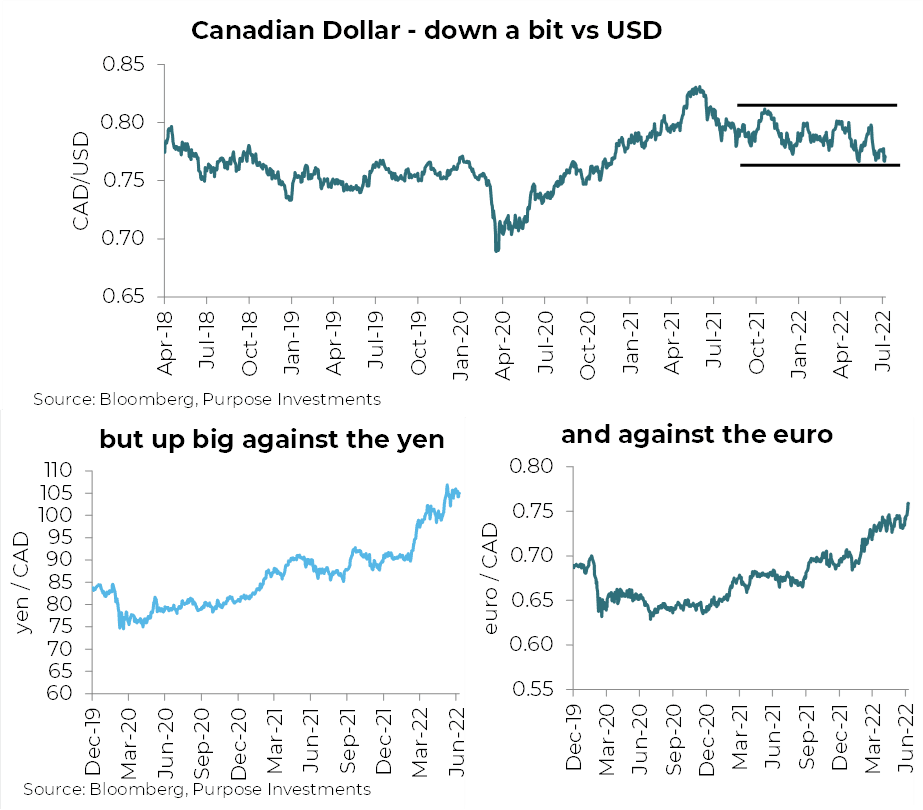 Canadian Dollar down a bit vs USD but up big against the yen and euro