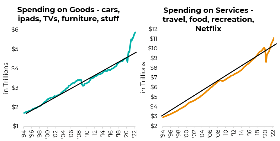 Spending on Goods - cars, ipads, TVs, furniture, stuff. Spending on services - travel, food, recreation, Netflix