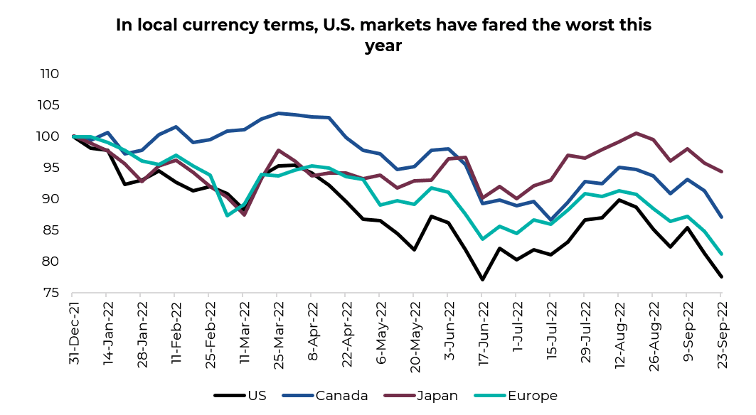 In local currency terms, US markets have fared the worst this year