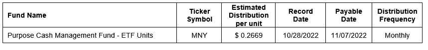 Purpose Cash Management Fund estimated distribution