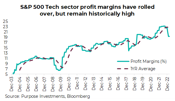 S&P 500 tech sector profit margins have rolled over, but remain historically high